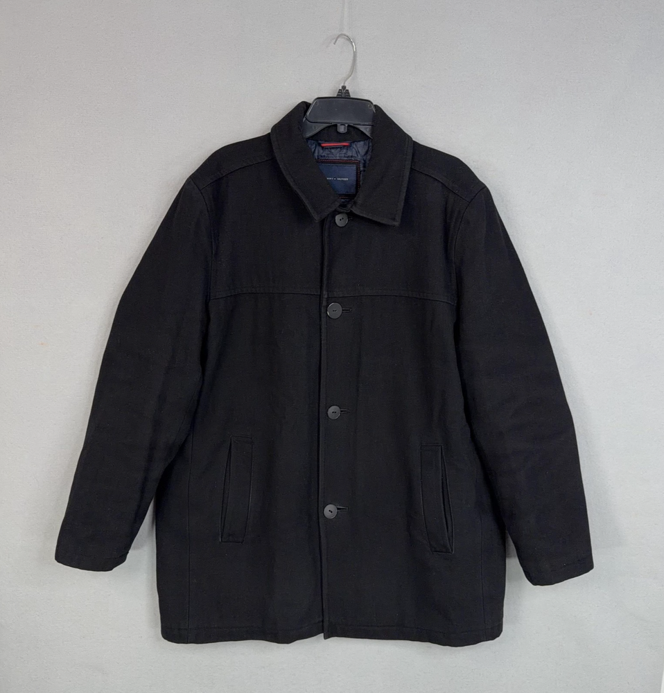 Tommy Hilfiger Coat Mens XL Black Wool Blend Quilted Overcoat Button Front