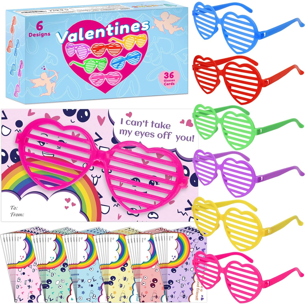 Valentines Day Cards for Kids Classroom - 36 Packs Heart Shaped Glasses with Col