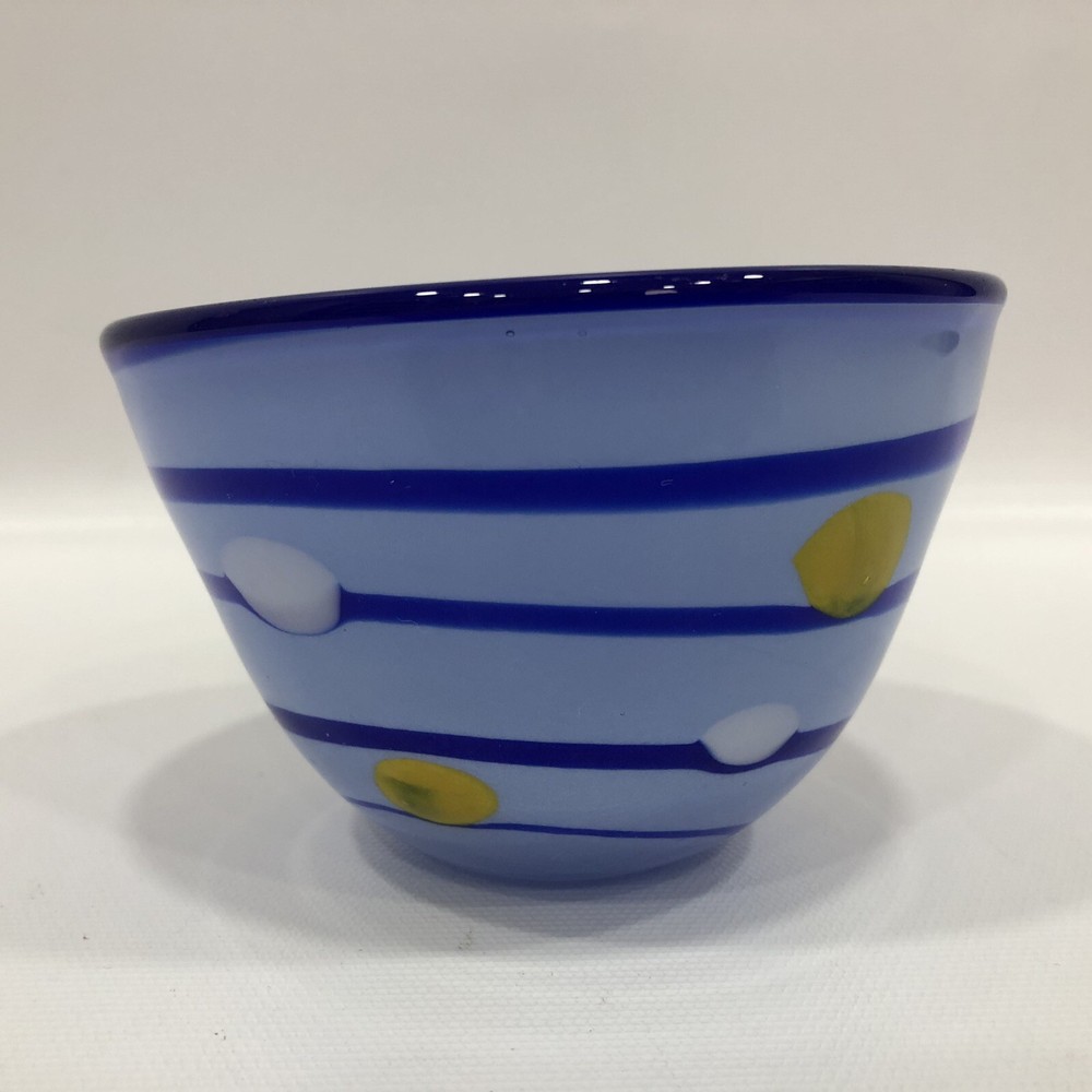 Hand Blown Sky Blue Yellow & Cobalt Swirl Art Glass Candy Dish Bowl 3” Tall