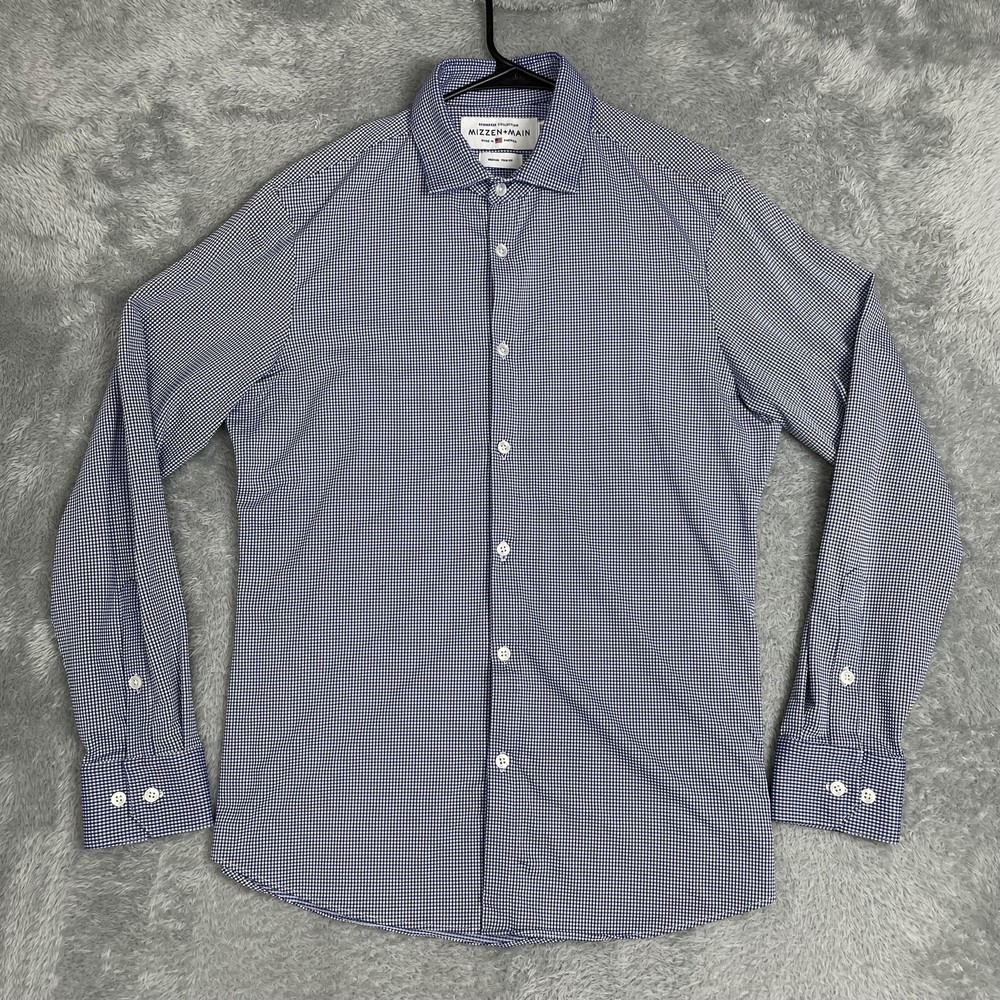 Mizzen+Main Shirt Mens Medium Blue Check Spinnaker Trim Fit No Iron Long Sleeve