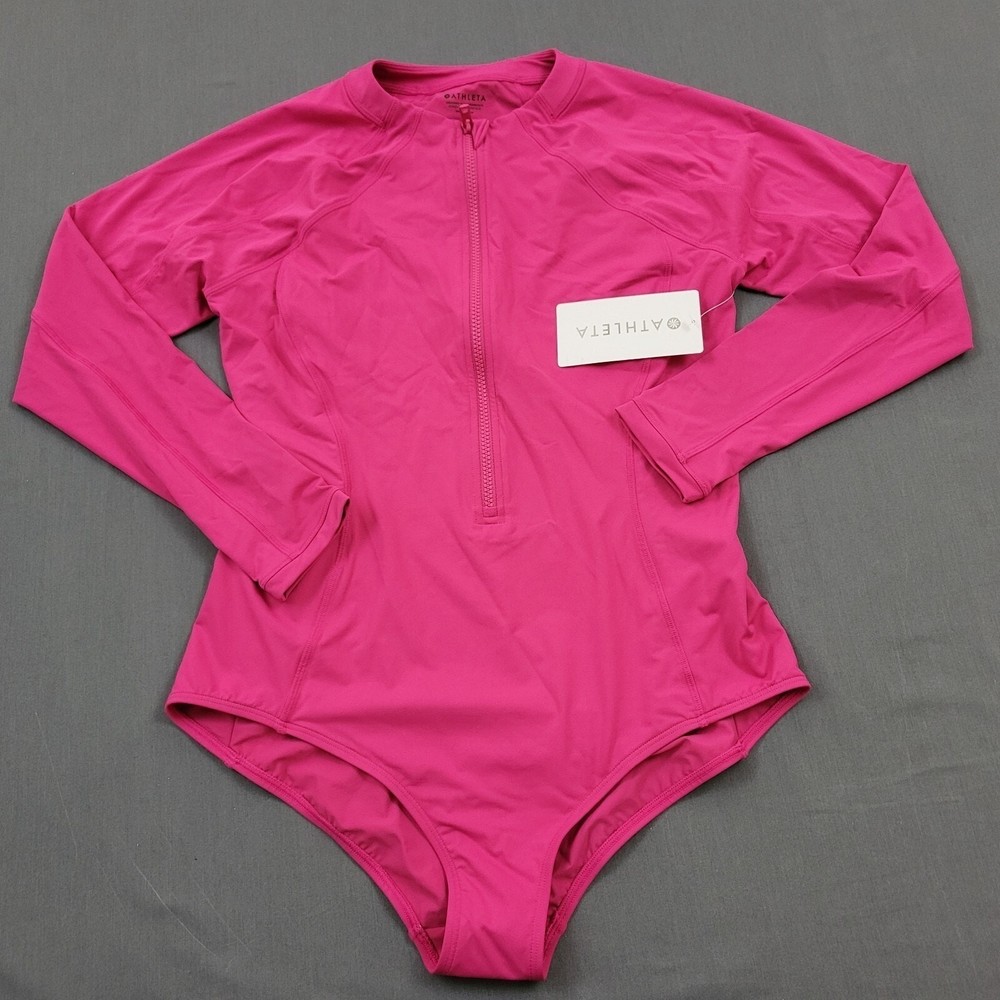 Athleta Sun Shield One Piece Swimsuit Long Sleeve Zip Up Pink Size L