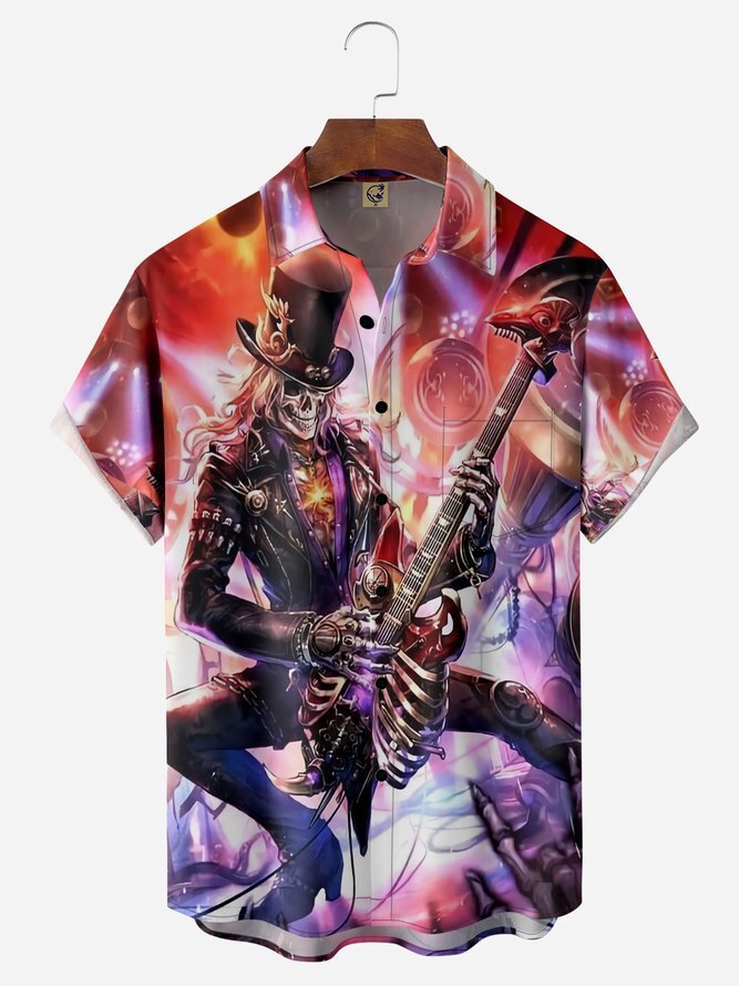 Skeleton Guitar Chest Pocket Short Sleeve Hawaiian Shirt For Men