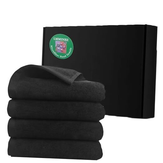 4Pcs Soft Black Microfiber Hand Towels for Bathroom & Face with Decorative Design