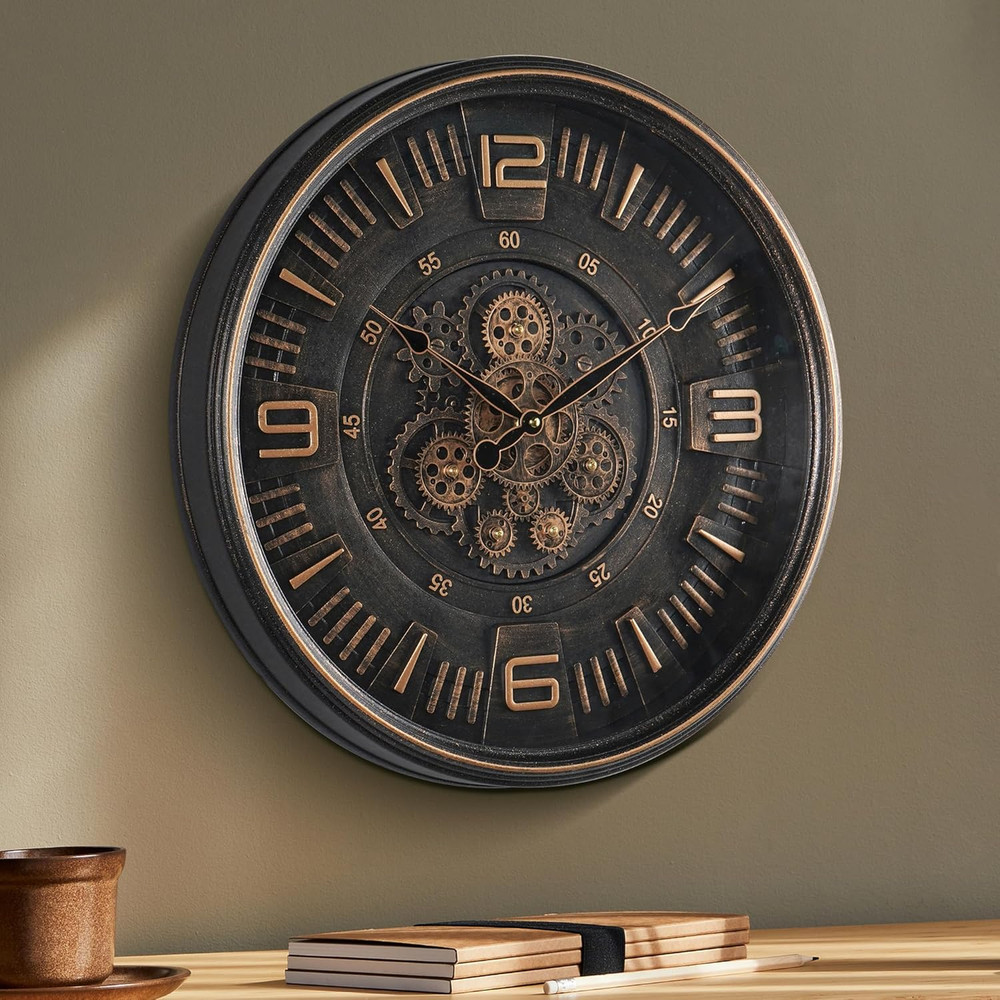 20In Large Real Moving Gears Wall Clock for Living Room, Battery Operated Wall C