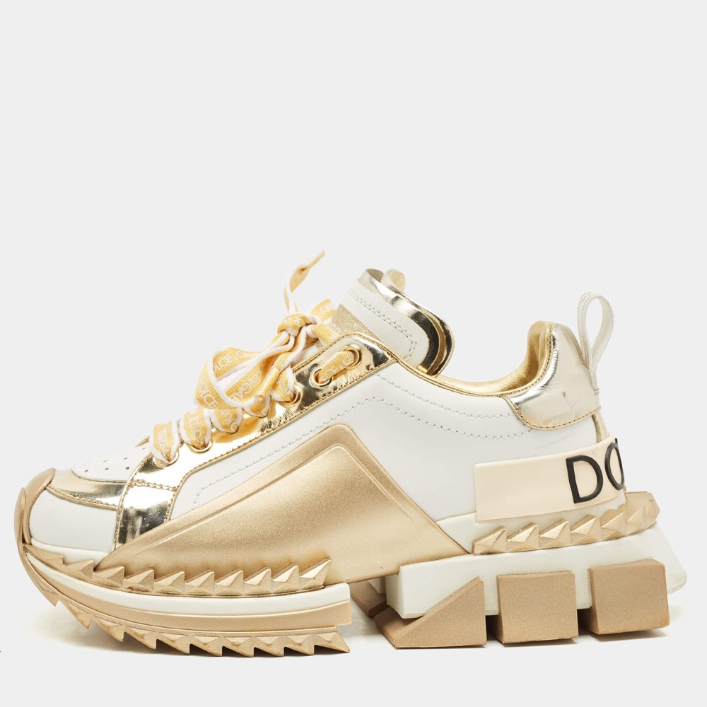 Dolce Gabbana WhiteGold Leather Super King Lace Up Sneakers Size 35.5
