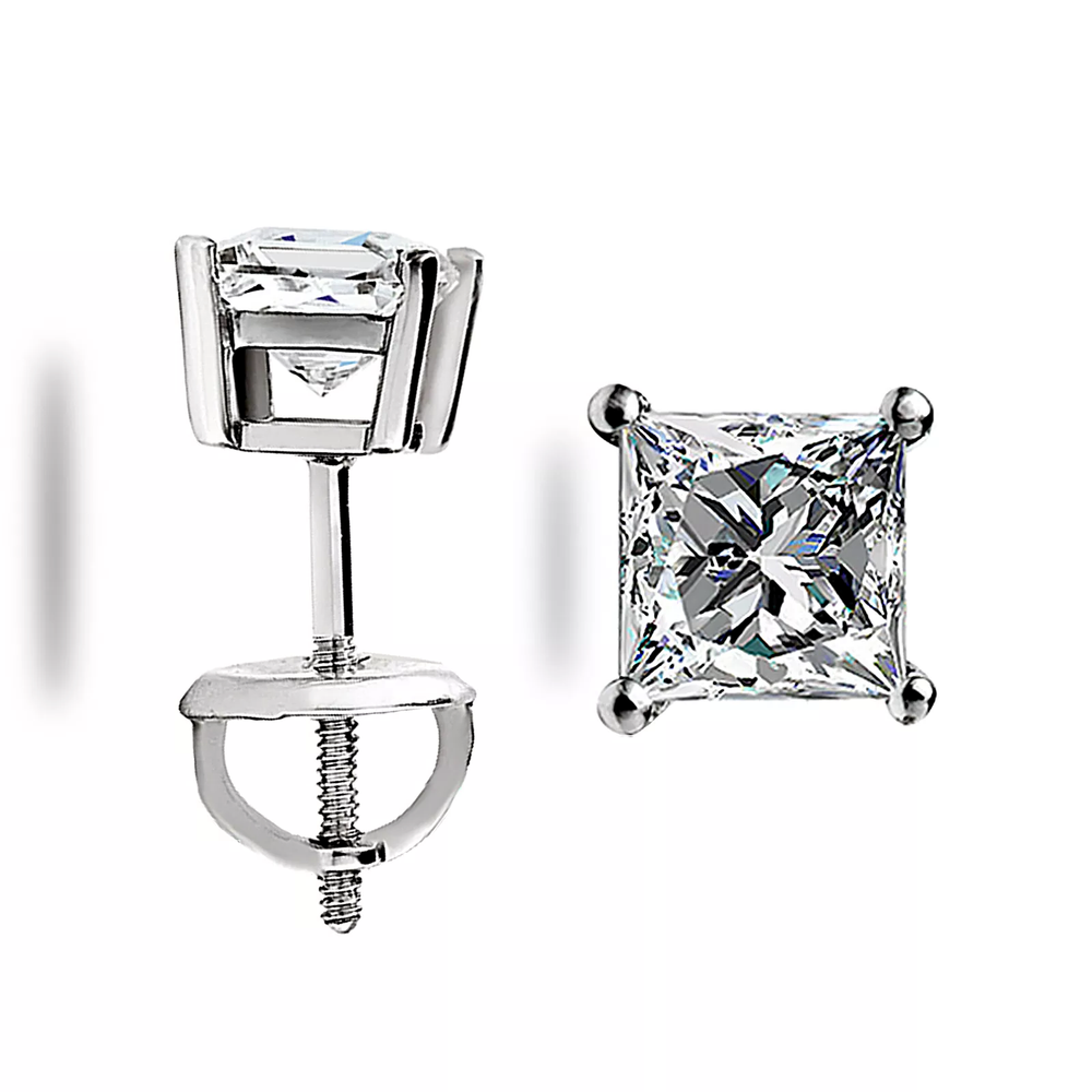 .90 Ct. Princess Cut GRA MOISSANITE Stud Earrings Screw back 14K White Gold Gift