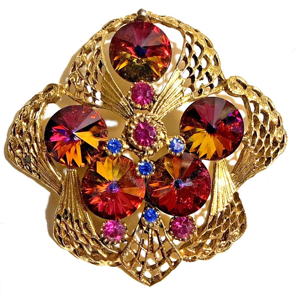 Vintage Rivoli Rhinestone Brooch Red Topaz Blue Gold Tone Filigree Pin