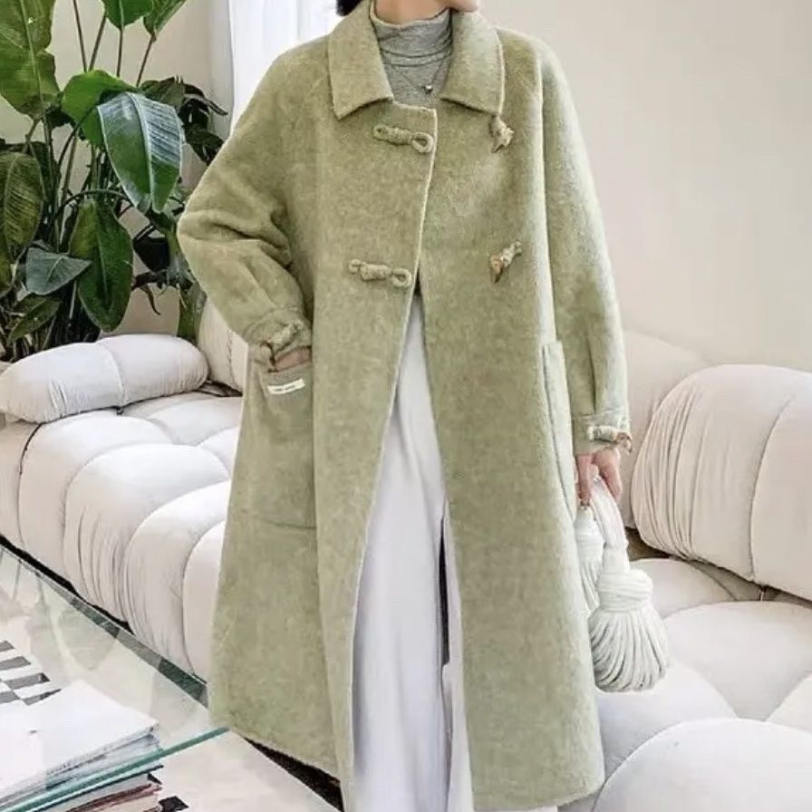 Double-Sided Wool Coat for Women Mid-Long Trench Overcoat with Lapel Collar-image