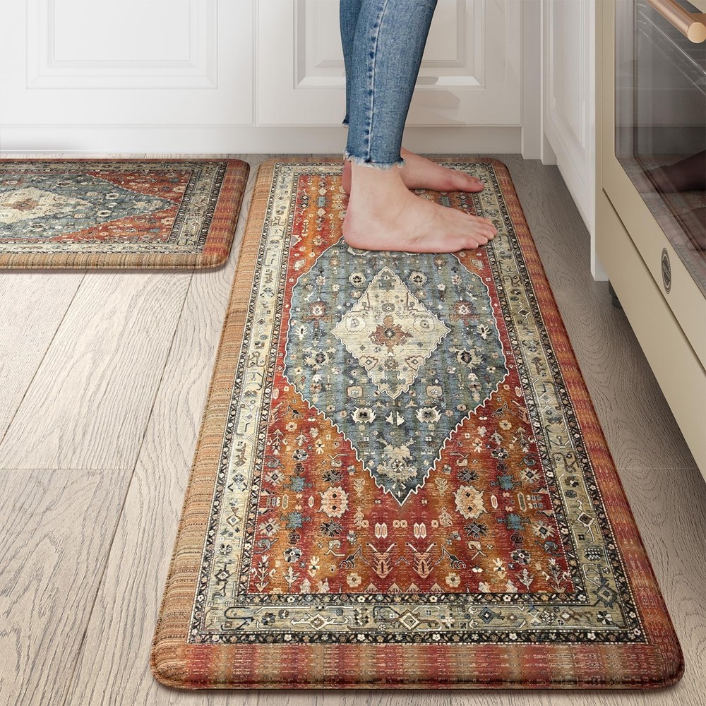 2PC Boho Anti-Fatigue Kitchen Mat Set Waterproof Non-Skid 17x30 & 17x47