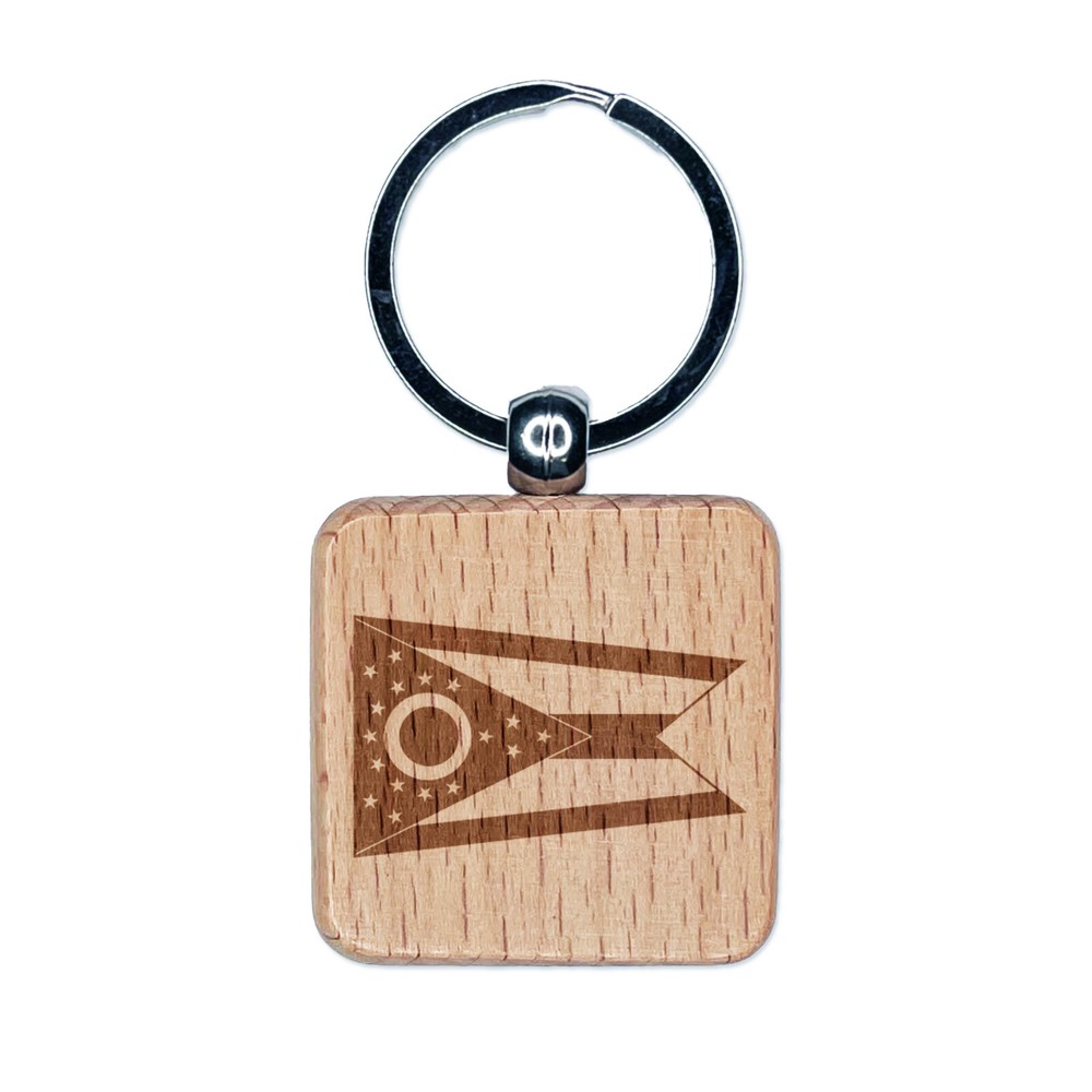 Ohio State Flag Engraved Wood Square Keychain Tag Charm