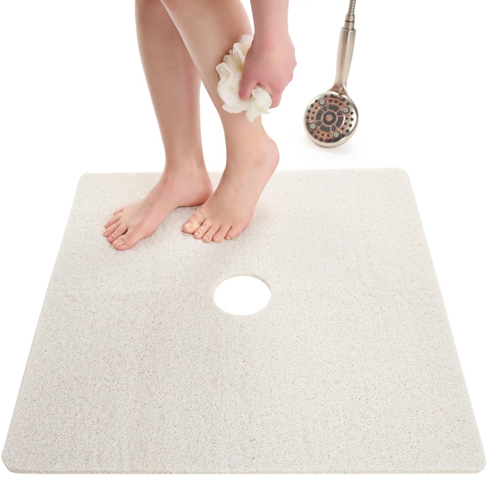 Loofah Shower Mat with Drain Hole - Cushioned Anti-Slip Square Bath Mat for Shower or Tub