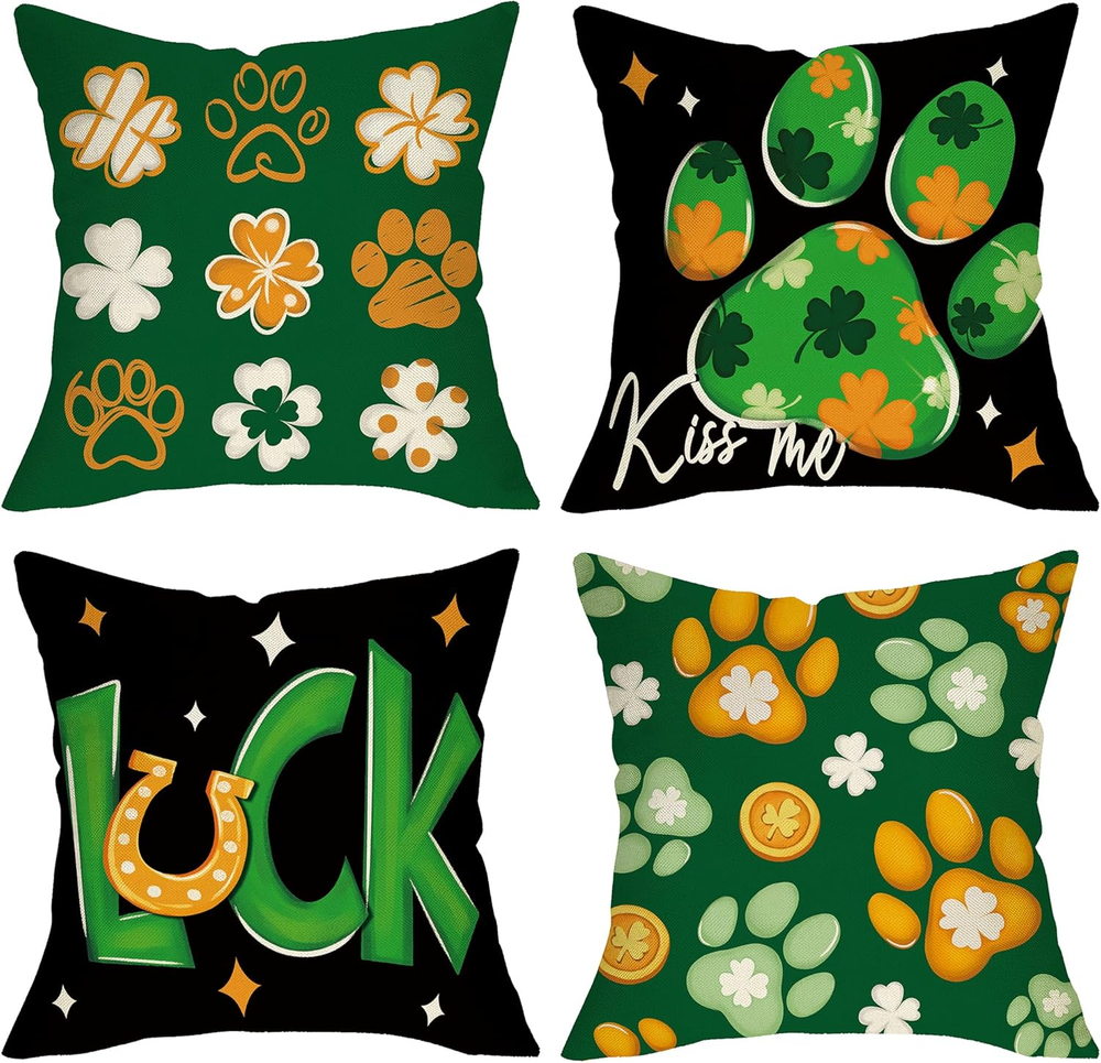 St Patricks Day Pet Paw Print 18x18 Inch Pillow Cover Set of 2