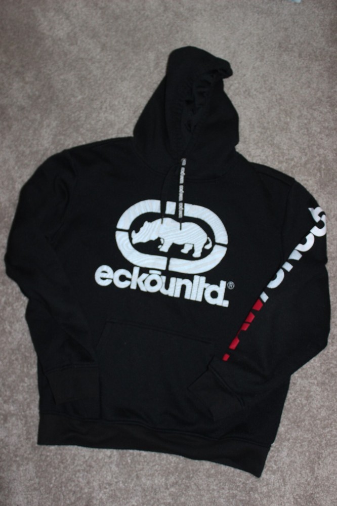Y2K Style Ecko Unltd Pullover Rhino Hoodie Black Raw Uncut Sleeve Hit Size L
