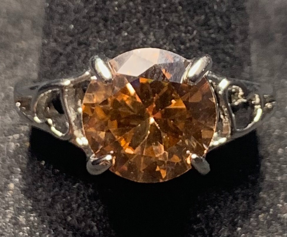Vintage Antique Silver Tone Peach Color Rhinestone CZ Ring - Size 8.5