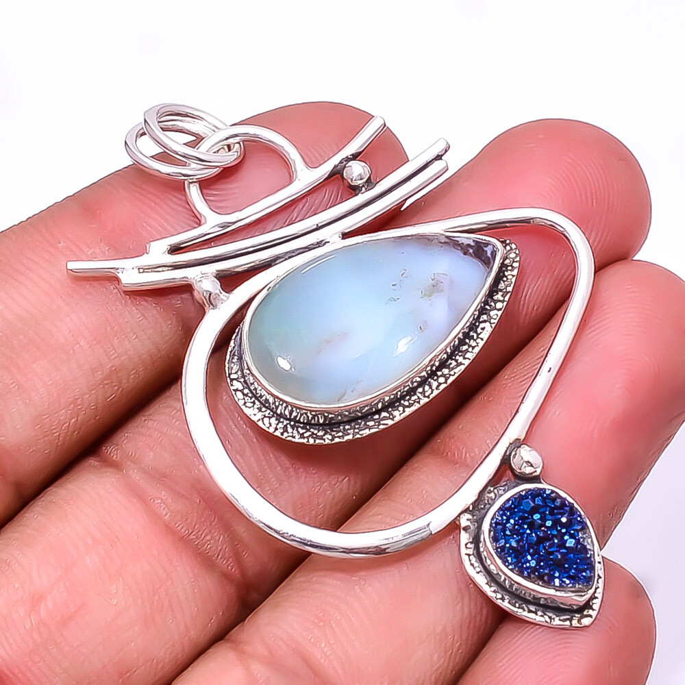 Blue Opal Peru Pendant with Titanium Agate Drusy in 925 Sterling Silver 2.15