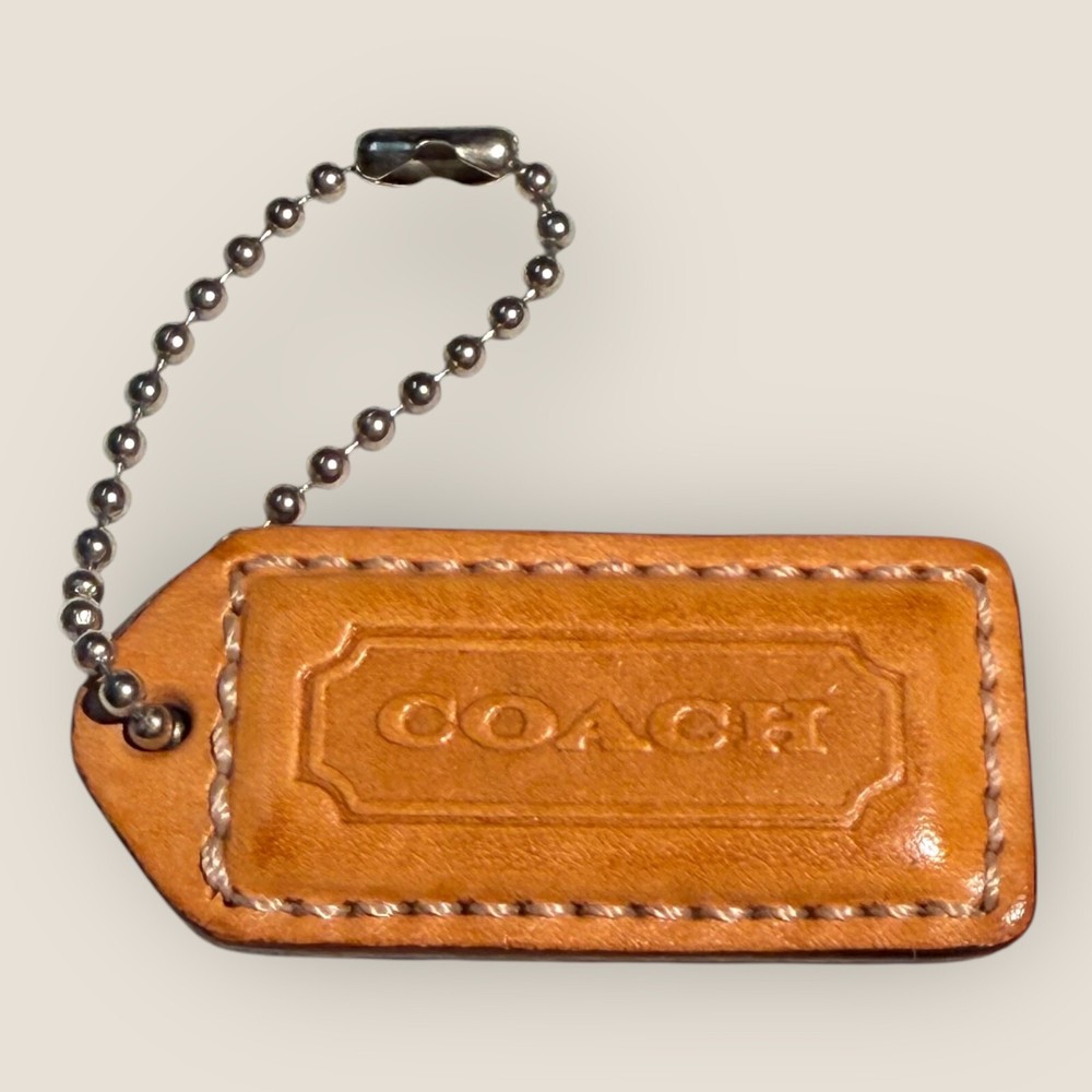 Coach Brown Leather Keychain with Silver Ball Chain Bag Tag  
