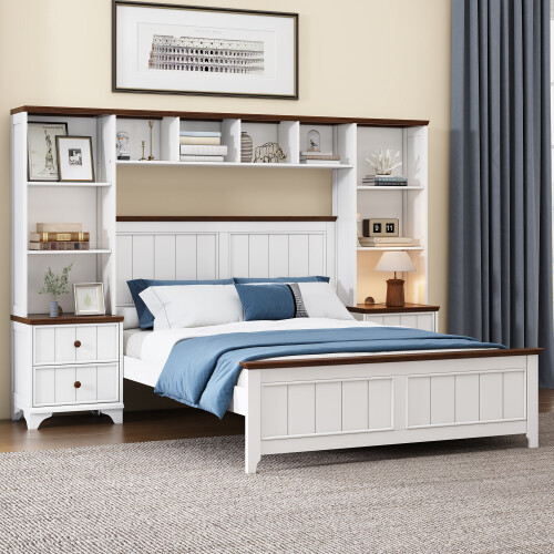 Solid Pine Wood Platform Bed with Built-In Nightstands and Storage Shelves