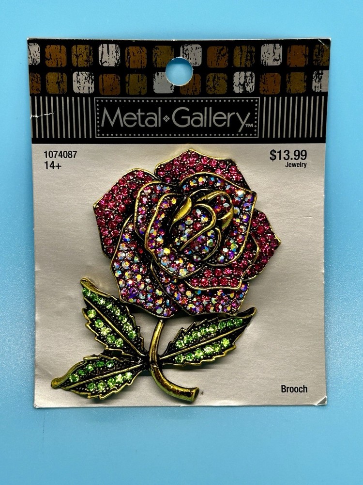 Vintage Metal Gallery Pink Aurora Borealis Rhinestone Rose Pin Brooch