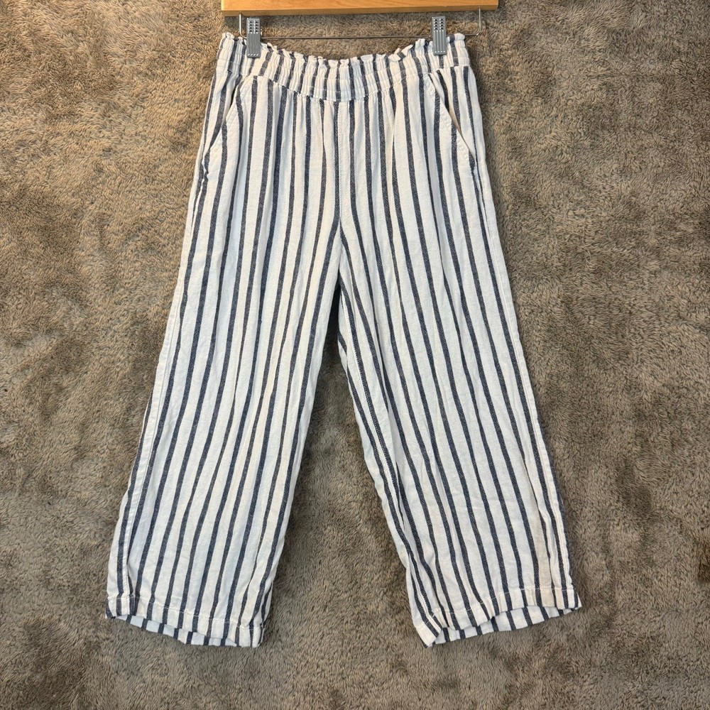 Old Navy Girls Pull On Wide Leg Pants Paper Bag Waist XL 14 Blue White Stripe