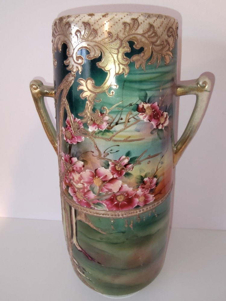 Antique 16” Tall Nippon Porcelain Vase - Cherry Blossoms, Raised Gold Moriage