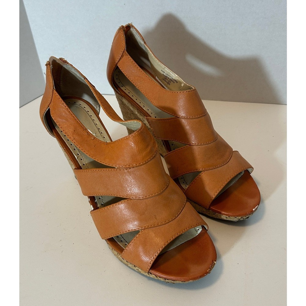 Adrienne Vittadini Tan Leather Cork Wedge Sandals - Size 9