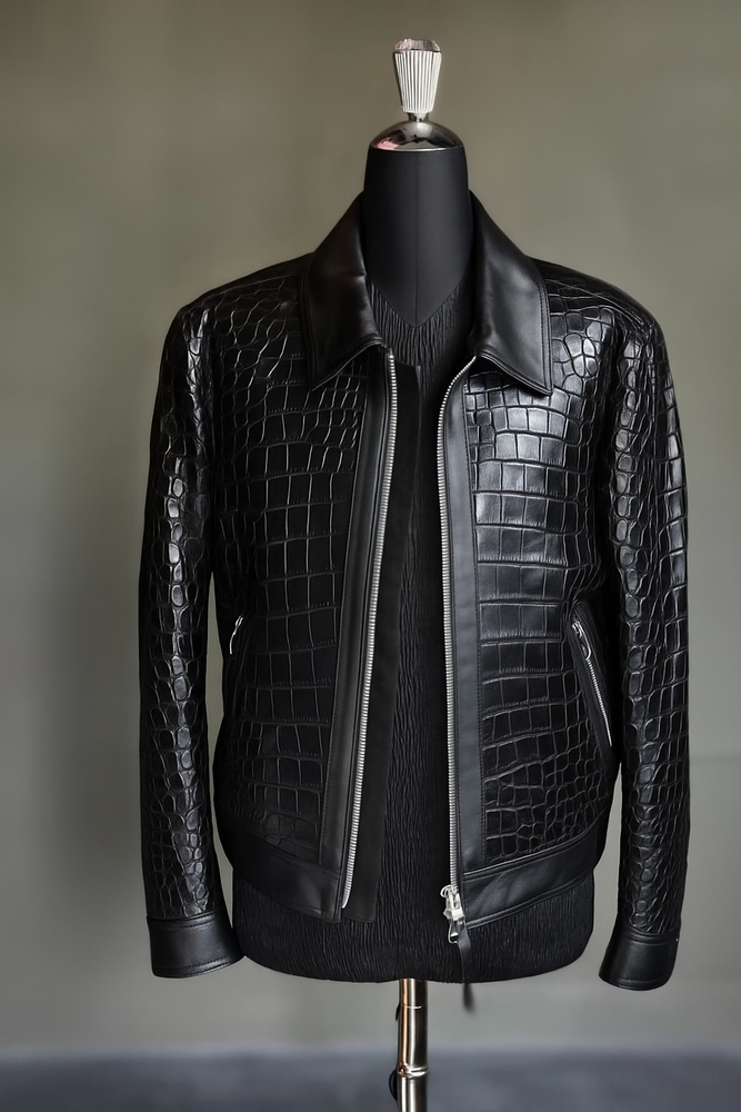 Men’s Black Crocodile Embossed Pattern Leather Jacket Luxury Designer Style
