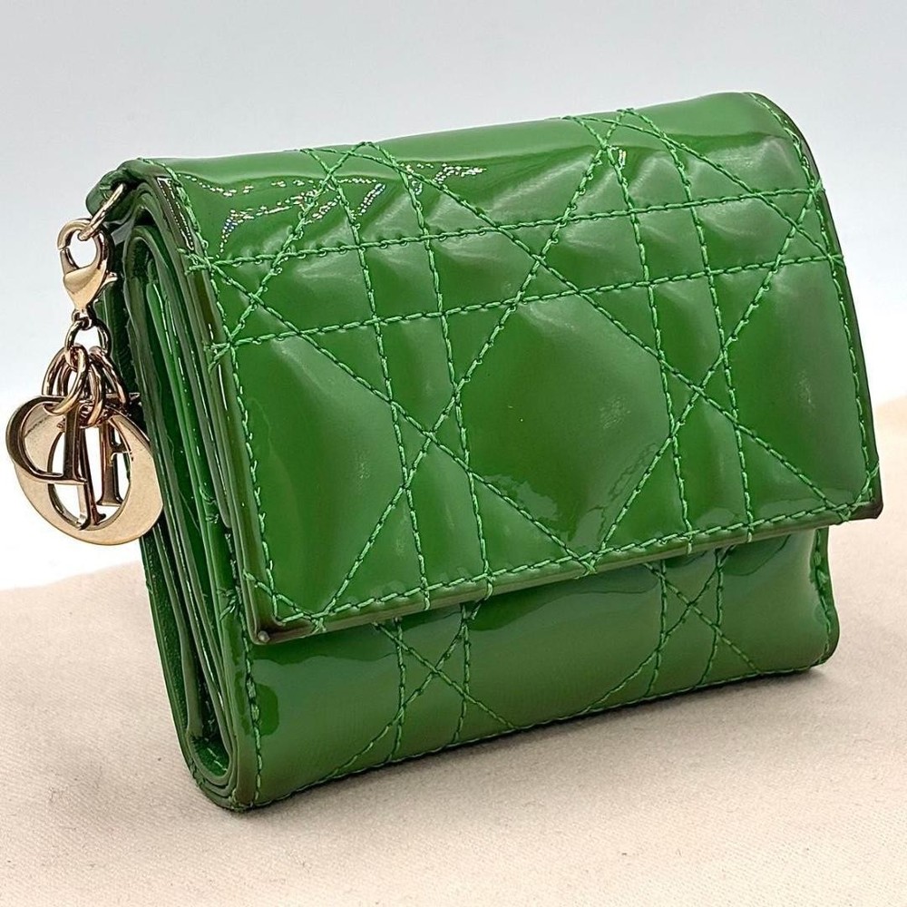 Christian Dior Lady Patent Lotus Green Trifold Wallet