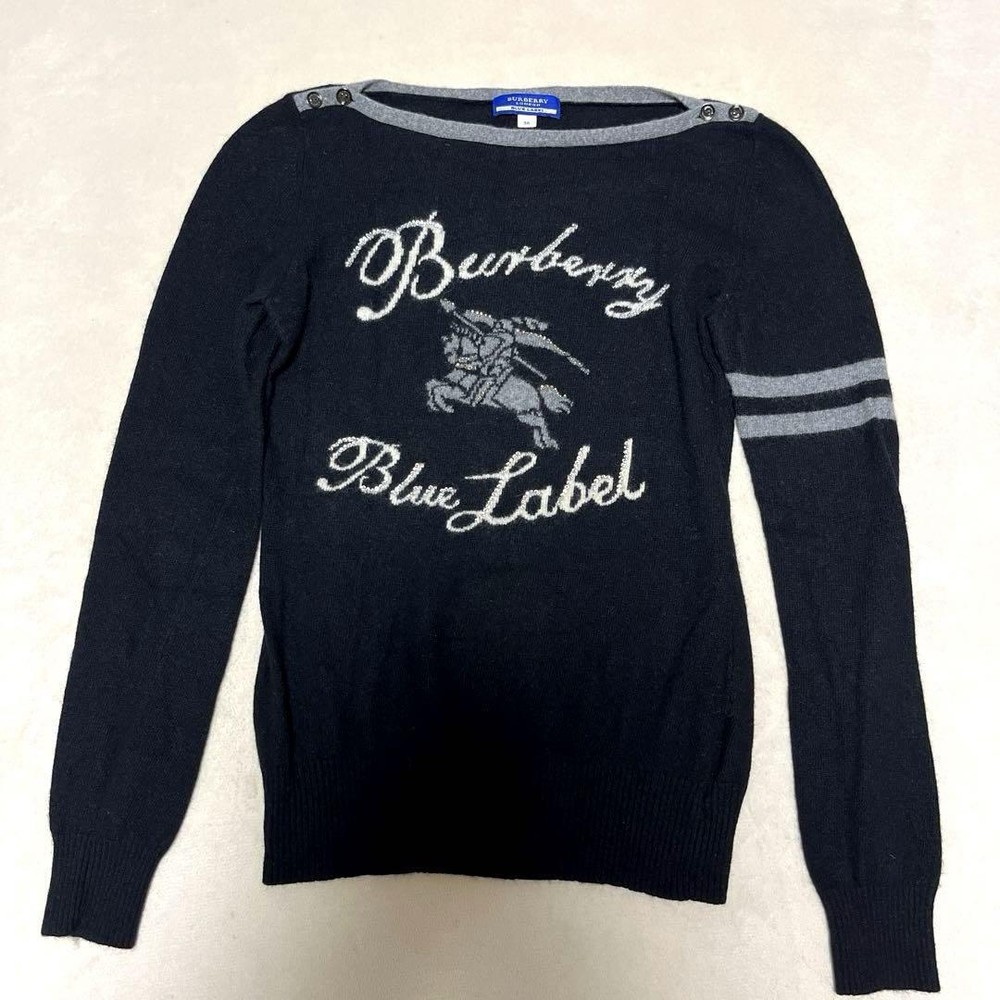 Burberry Blue Label Big Logo Sweater Rhinestone Cashmere Long Sleeve EUC