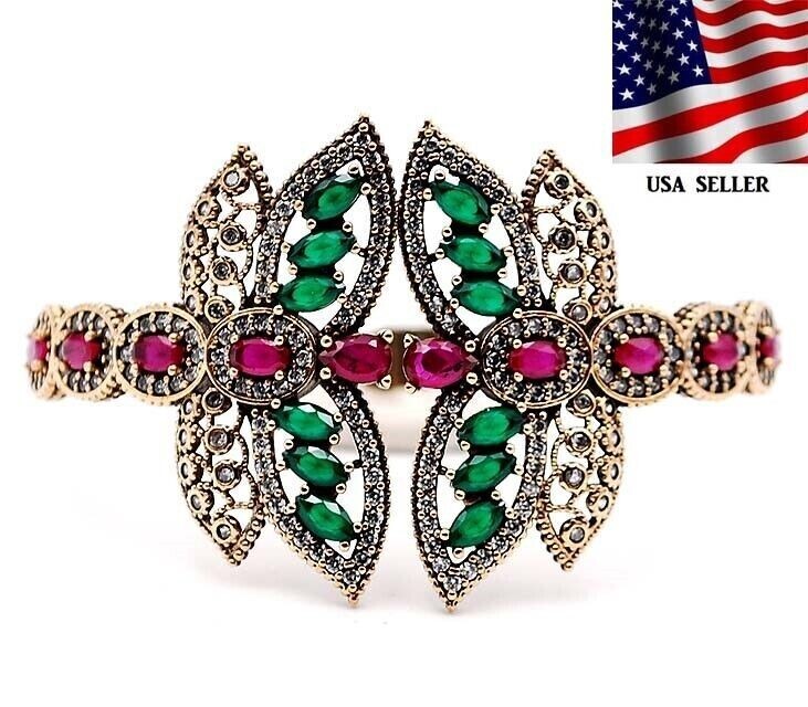 Ottoman-Inspired 5CT Treated Emerald Ruby 925 Sterling Silver Bracelet