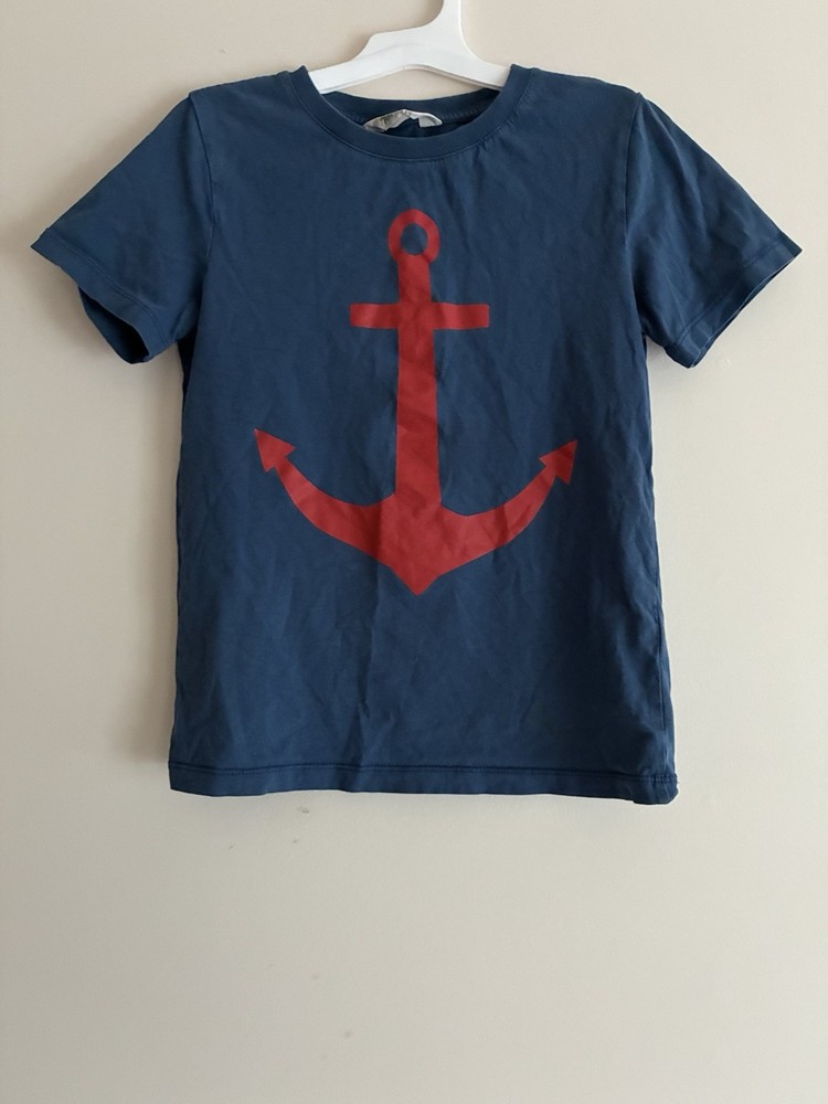 H&M Kids Boys Nautical Anchor 100% Cotton Crewneck Short Sleeve Shirt Blue 8-10Y