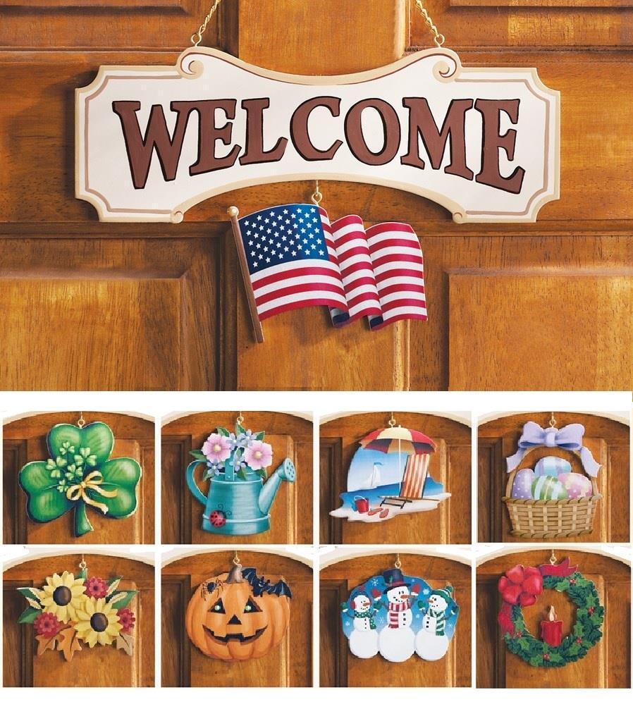 Seasonal WELCOME Front Door Wooden Plaque with 9 Interchangeable Danglers 12