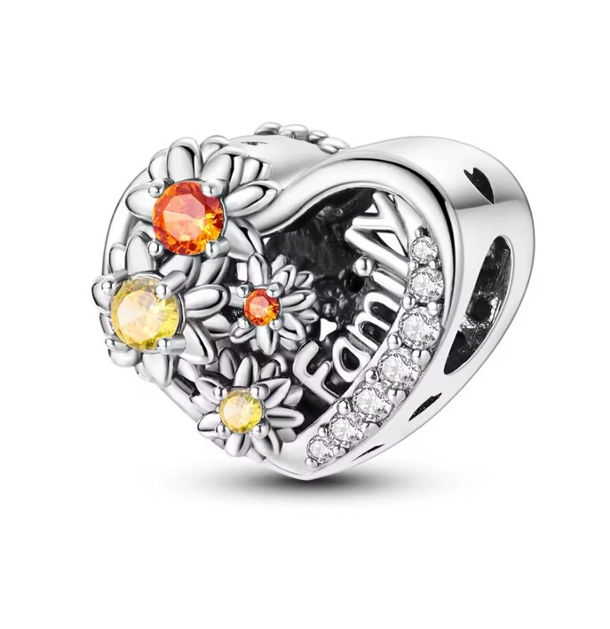 Family Heart Charm Beads 925 Sterling Silver Rhinestone Flower Accents  