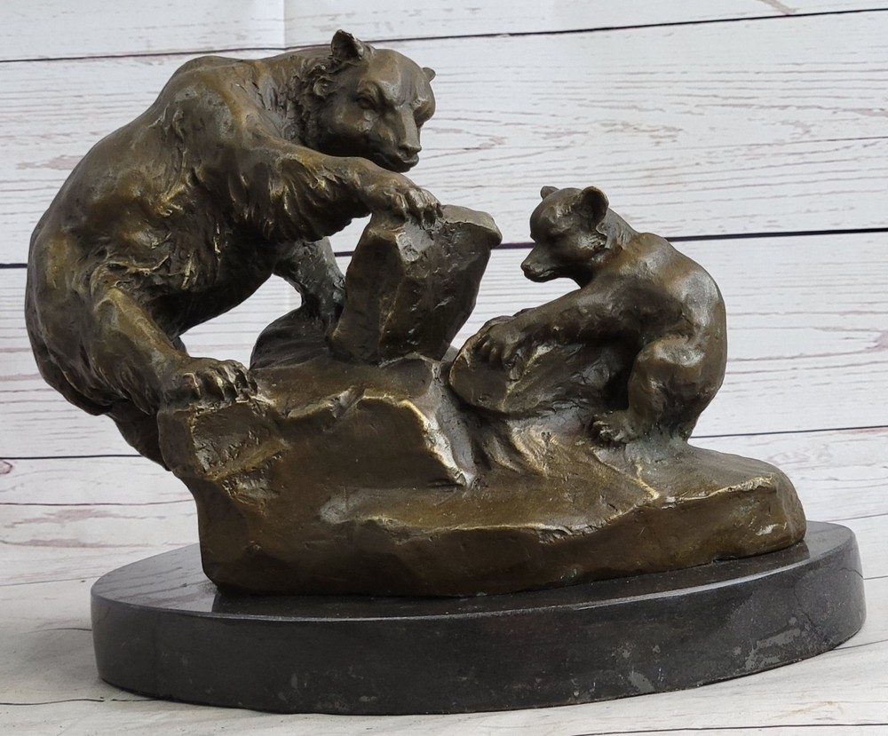 Mama Grizzly Bear and Cub Bronze Wildlife Sculpture Statue