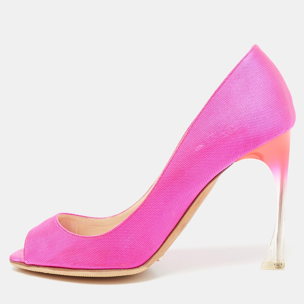 Dior Fuchsia Pink Canvas Flare Heel Peep Toe Pumps Size 37.5
