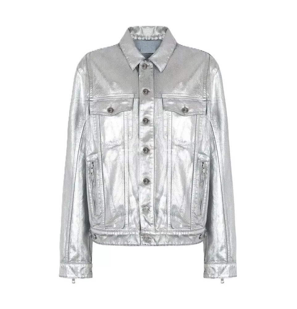 Men’s 100% Real Silver Leather Denim Trucker Jacket Lambskin Shirt Style