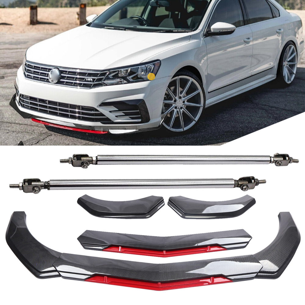 VW Passat R Front Bumper Lip Spoiler Carbon Fiber Splitter Strut Rod