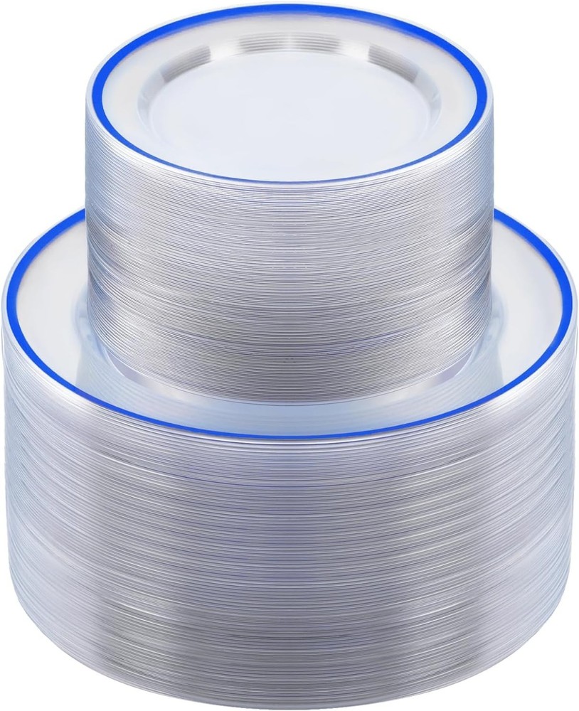BESTSTAR 200PCS Blue and Clear Plastic Plates, Blue Disposable Plate Set with 10