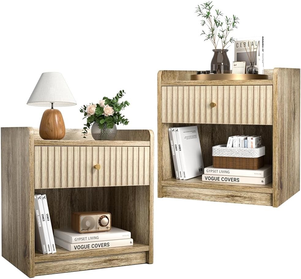 Nidouillet 2-Pack Natural Nightstands with Drawer, Bedside Tables