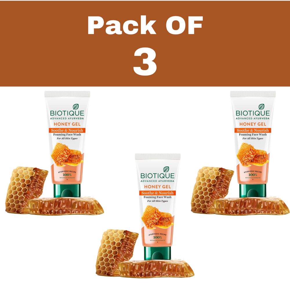 3 X Biotique Honey Gel Soothe & Nourish Foaming Face wash - Soap Free - 50ml