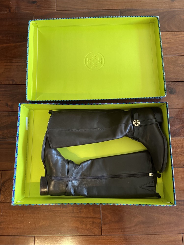 Tory Burch Bristol Zip Up Gold Logo Riding Boots Shoes Brown Leather Size 6M