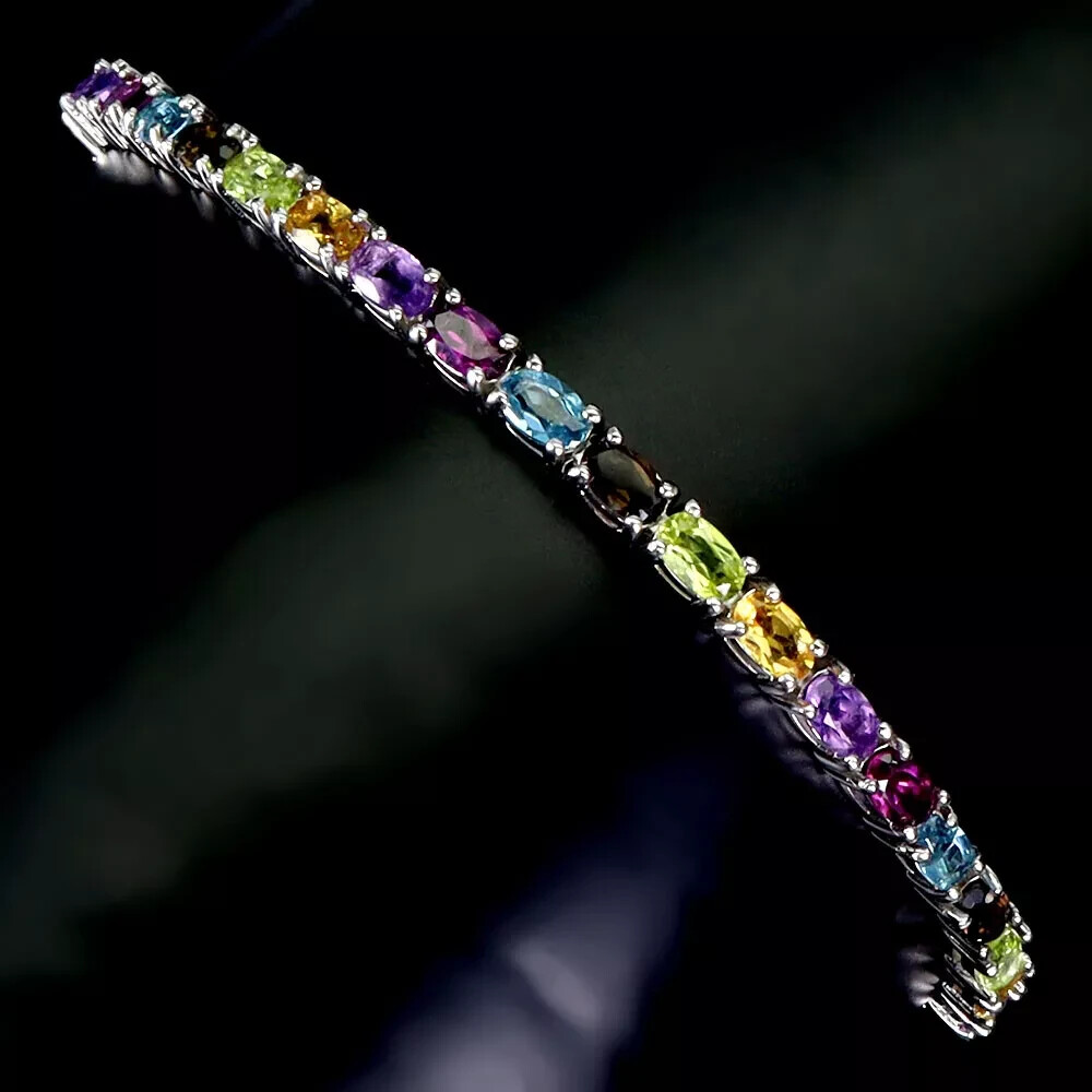 Sterling Silver Slider Bracelet with Amethyst Citrine and Peridot Gems Adjustable to 9 Inches