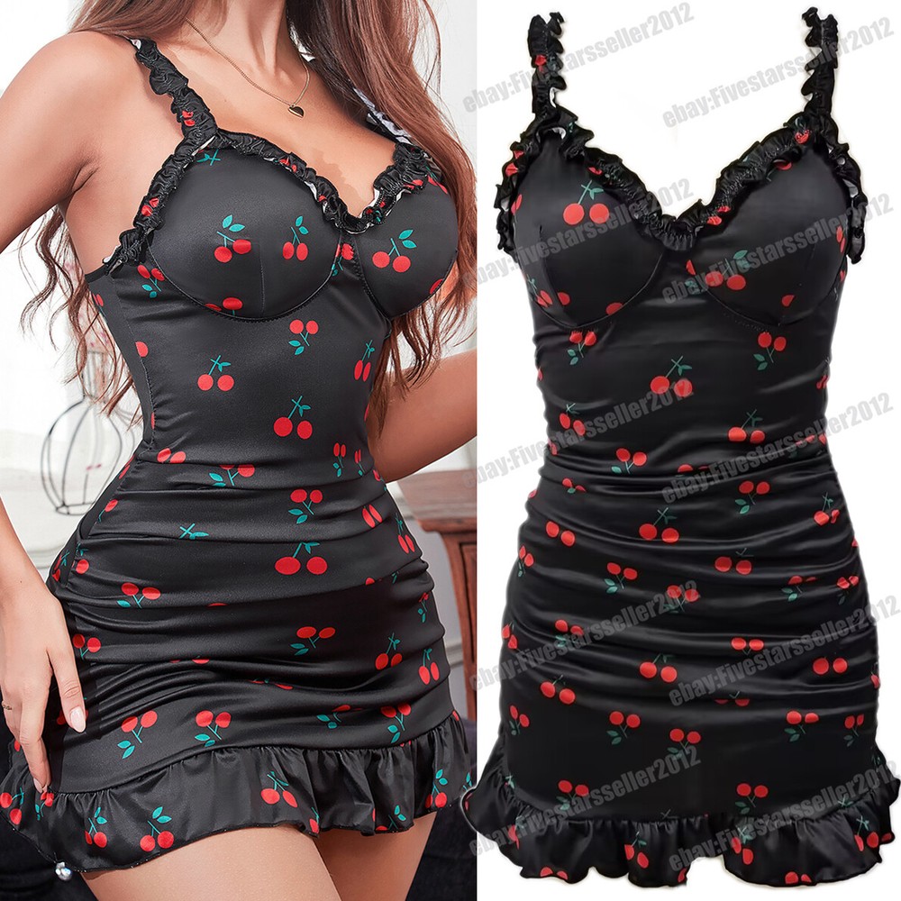 Women Sexy Lingerie Sleepwear Babydoll Underwear Cherry Dress G-String Nightwear