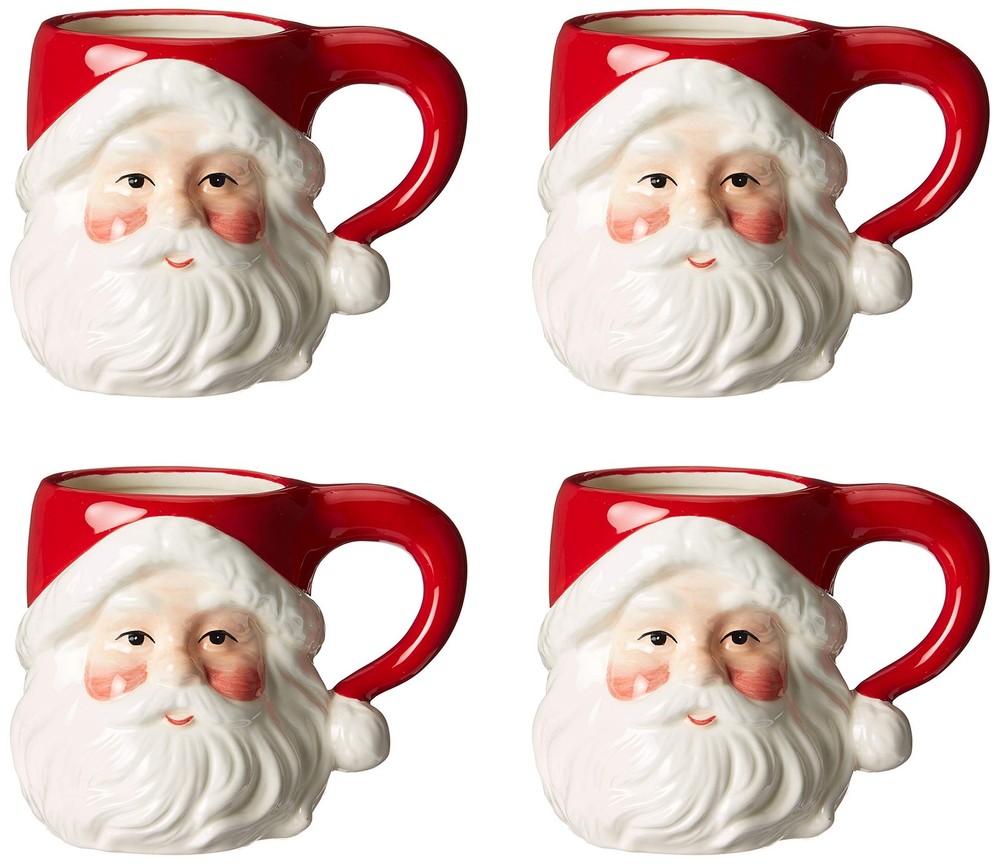 Christmas Ceramic Classic Santa Heads Beverage Drinking Mugs, Red & White, Se...