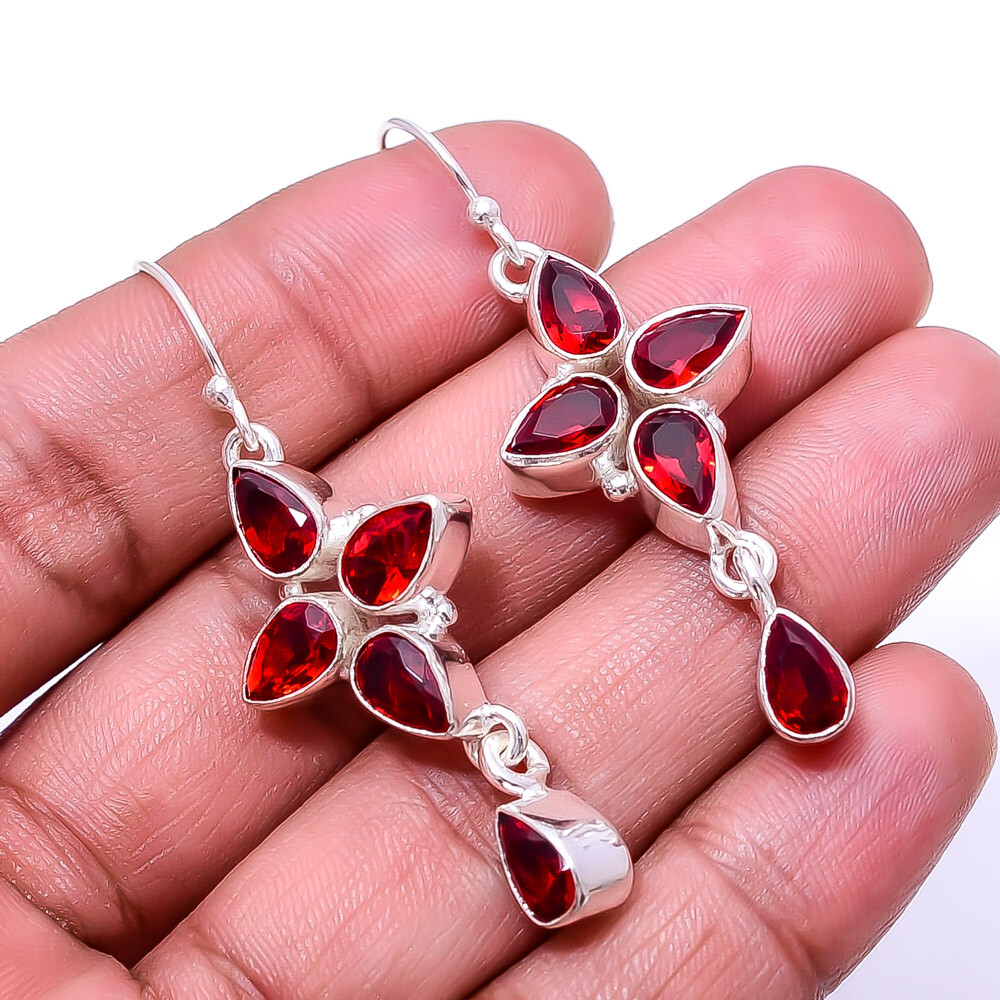 Red Garnet Multi Collet 925 Sterling Silver Earring 2.15