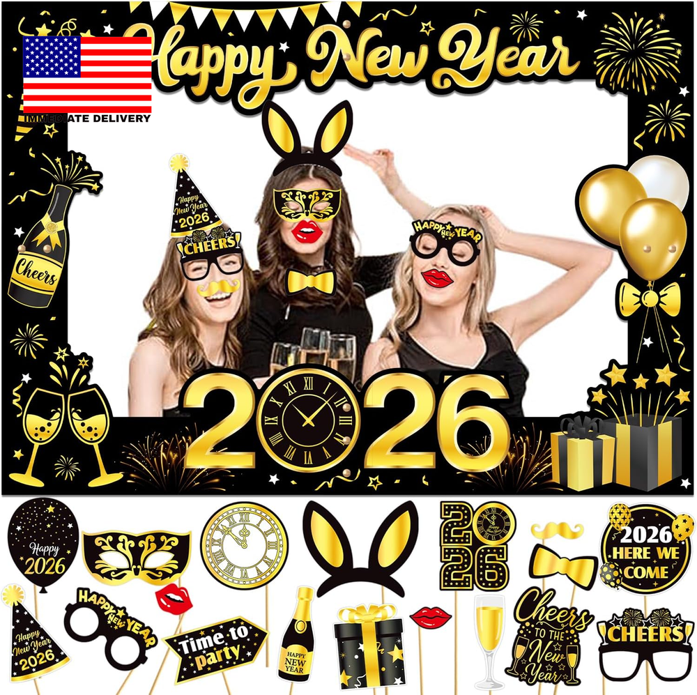 New Years Eve Decorations 2026, Giant Happy New Year Selfie Frame, 18Pcs New Yea-image