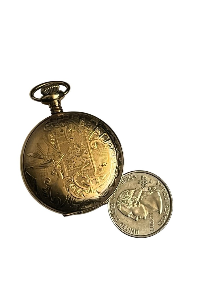 14K Gold Filled American Waltham Pocket Watch with Floral Bird Hunting Case