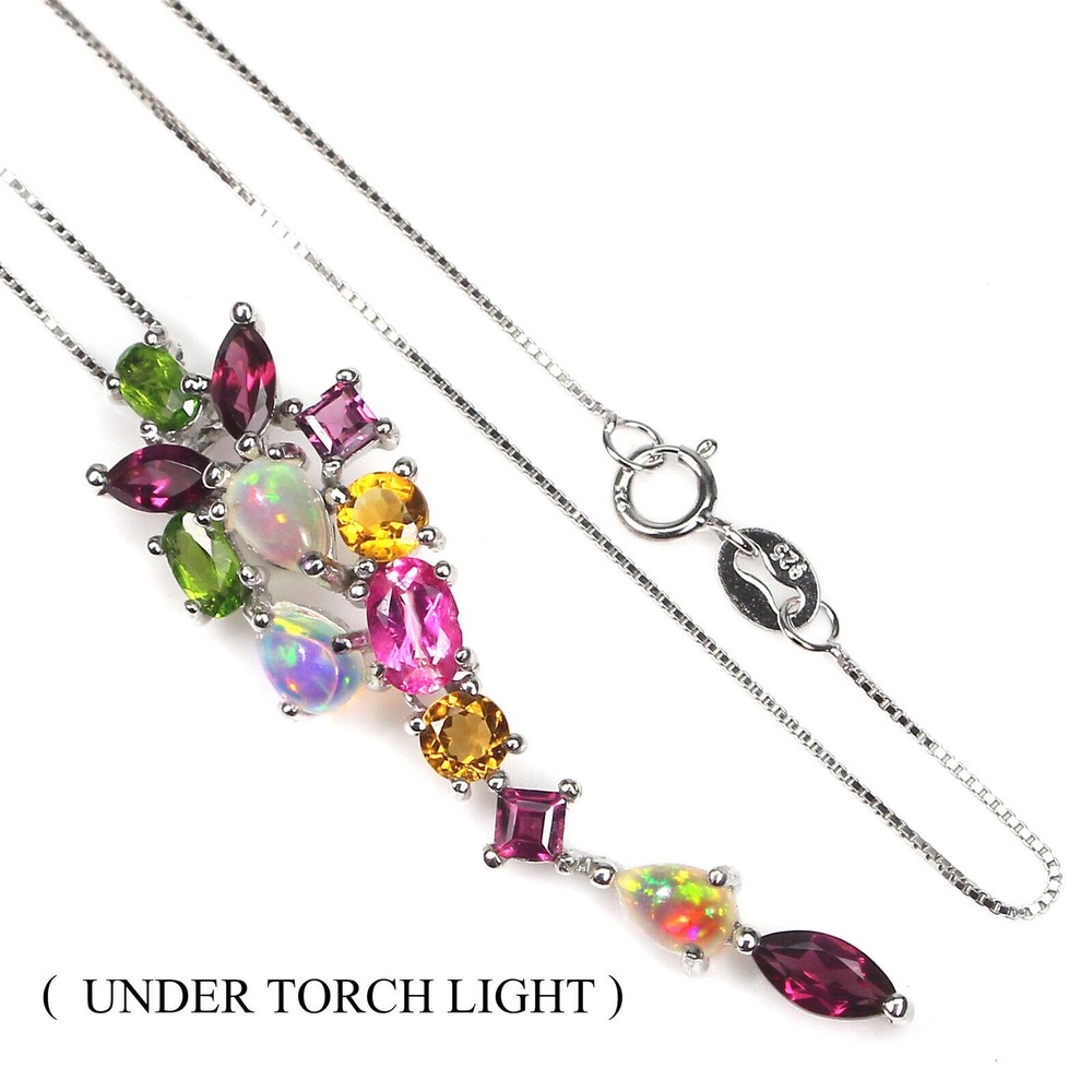 Elegant Silver Necklace with Rhodolite Citrine Opal Genuine Mined Gems Sterling