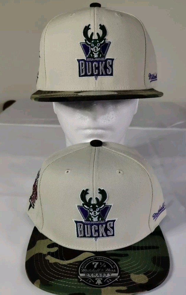 Milwaukee Bucks Mitchell Ness 40th Cream Camo Hardwood Classics 7 1/2 Fitted New