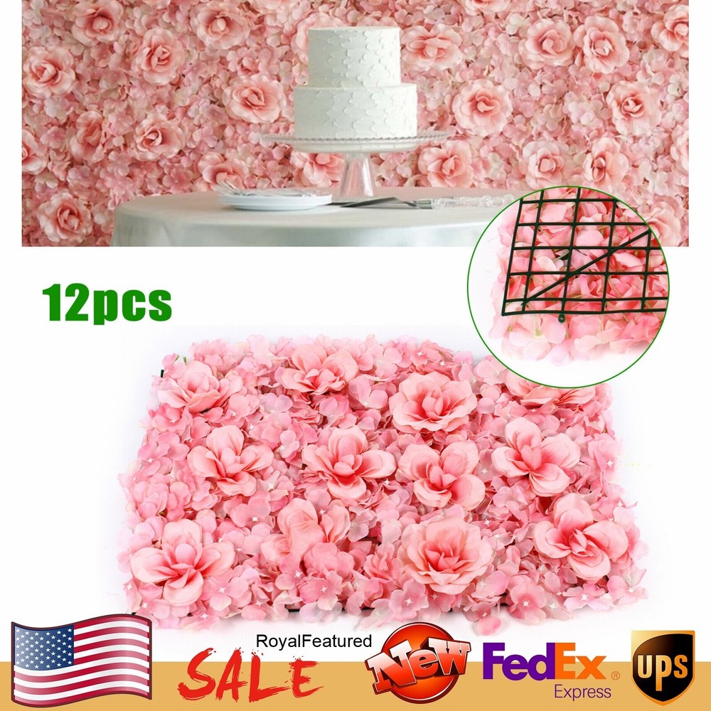 12Pcs Artificial Pink Rose Hydrangea Flower Wall Panel Wedding Backdrop 60x40cm