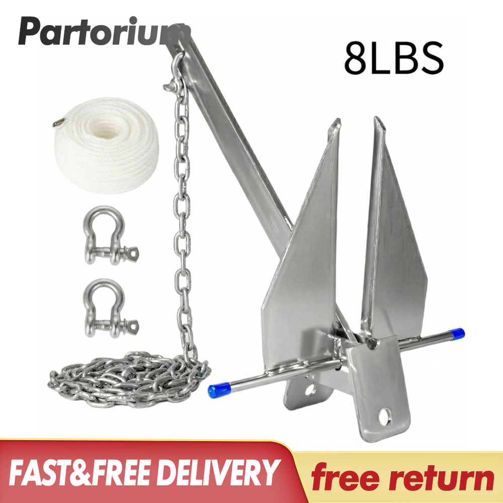 8 lb Galvanized Fluke Anchor Kit w/Chain Rope for 12-22 ft Boats